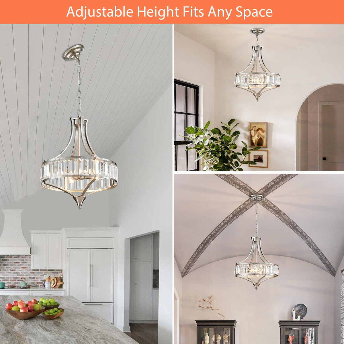 Crystal Chandeliers for Dining Room 15.7" Round Rustic Farmhouse Hanging Pendant Lighting Fixture Modern Brushed Nickel Chandelier Metal Shade 4 (15.7”-Brushed Nickel)