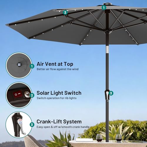 9FT Patio Umbrella with Solar Lights (Gray / 9 FT)