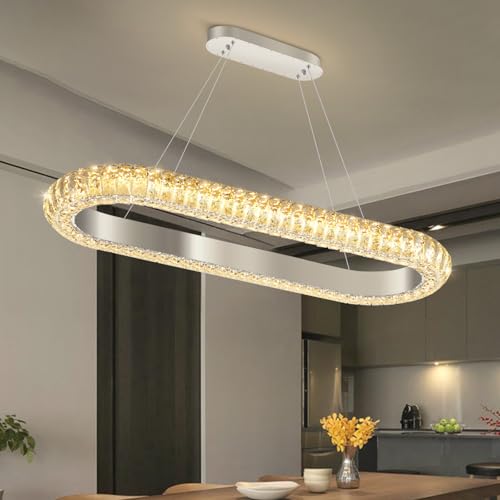 32'' Oval Ring Crystal Chandelier Modern LED Dimmable Ring Pendant Light Chandelier for Dining Room Living Room Silver (Silver / 1 Ring Oval 32")