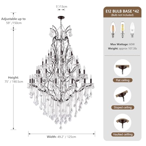 Large Crystal Chandeliers for High Ceilings 42 Lights Maria Theresa Chandelier Light Fixture Heavy Modern Chandelier for Foyer Hallway Entryway Staircase Brown 75" H x 49.2" D (Brown / 42 Lights)