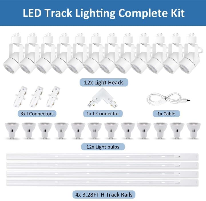 Track Lighting Kit with GU10 10W 3CCT H‑Type 13.12FT Rails White 12 Lights (White)