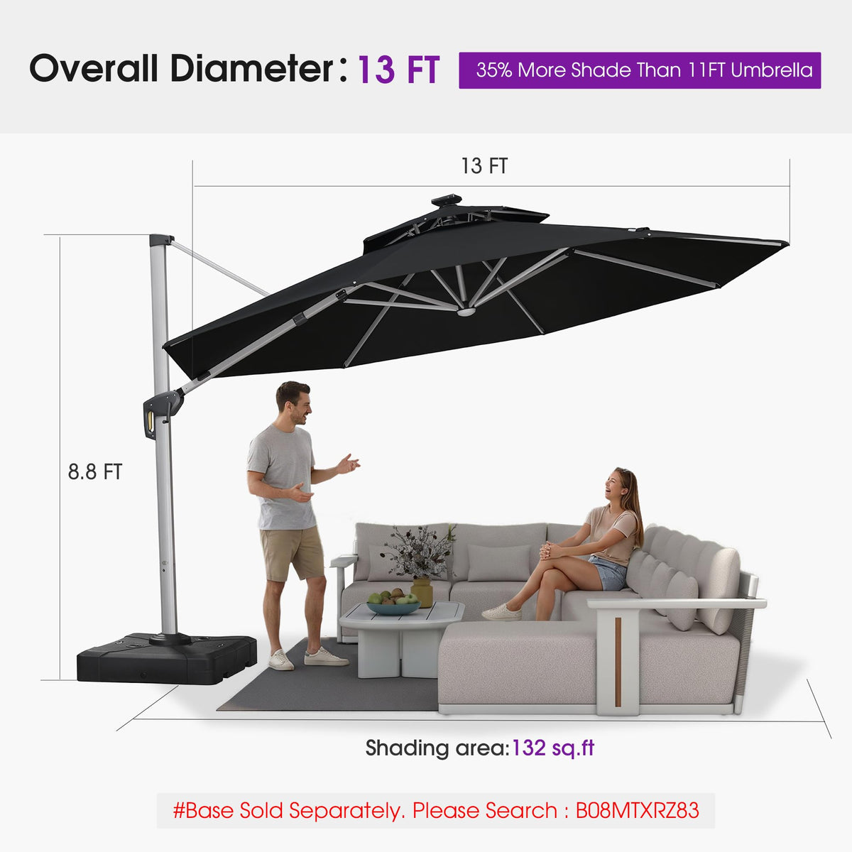 Cantilever Umbrella 13ft Solar LED Light Double Top (Black / 13 Feet)