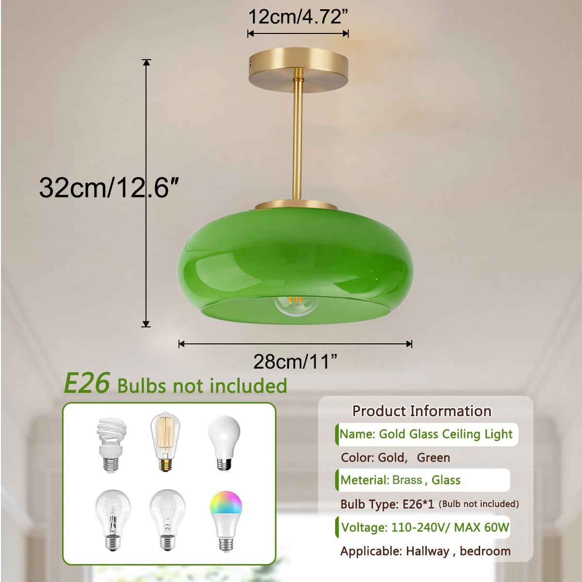Green Glass Ceiling Light (Green)