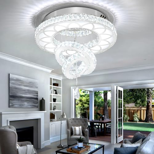 Dia 20" Crystal Chandelier Crystal Silver Ceiling Light Fixtures LED Flush Mount Ceiling Light for Living Room Bedrooms Dining Room Dimmable 2700k 4500k 6000k (Silver / W:20inches)