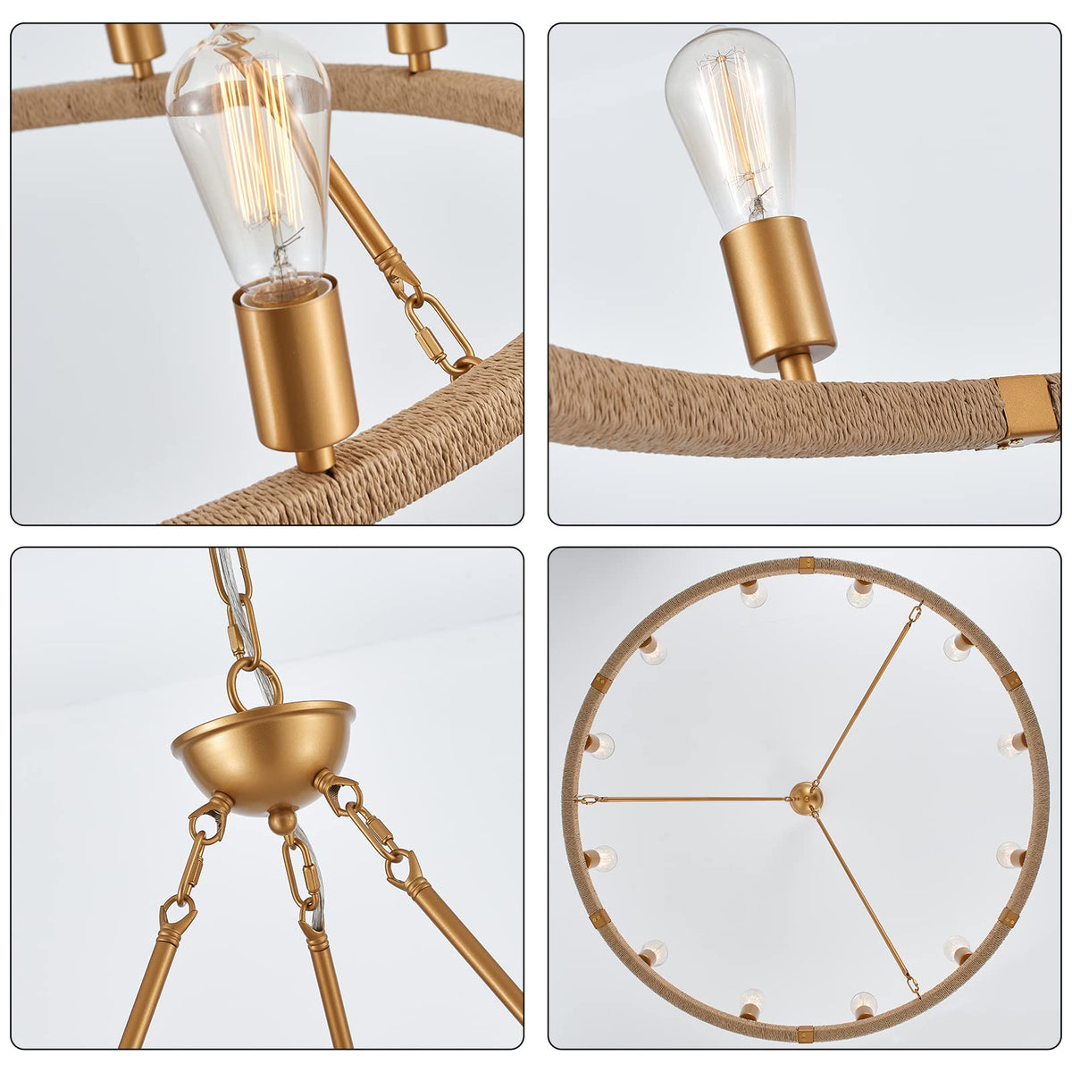 12 Lights Wagon Wheel Chandelier Bohemia Hand Woven Rattan Chandelier Farmhouse Large Pendant Light for High Ceilings Living Room Dining Room (Brass)