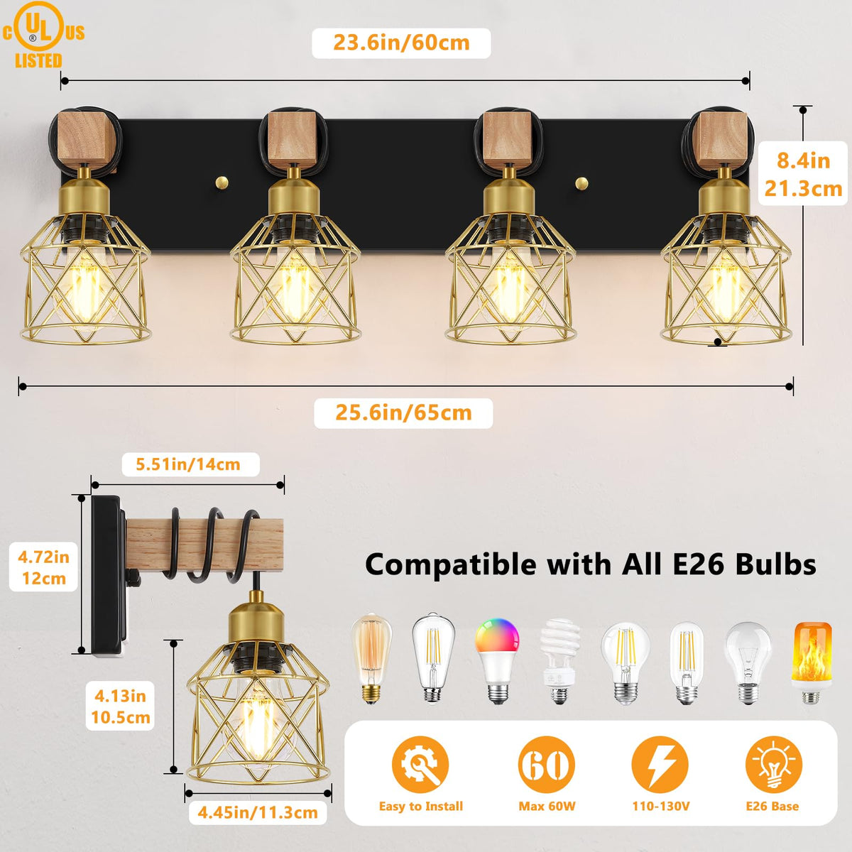 Farmhouse Bathroom Vanity Light Fixtures (Black & Gold / 4-Lights)