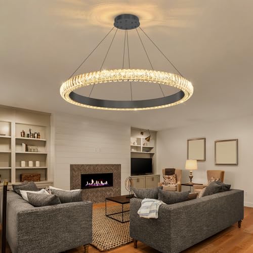 32" 1 Ring Crystal Chandelier Modern LED Dimmable Ring Pendant Light Chandelier for Dining Room Living Room Black (Black / 1 Ring Round 32")