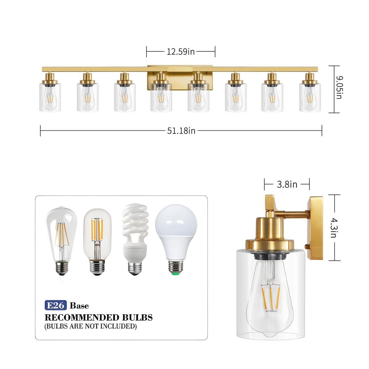 8 Light Gold Vanity Lights Over Mirror Bathroom Light Fixtures 52" (Gold / 8-light)