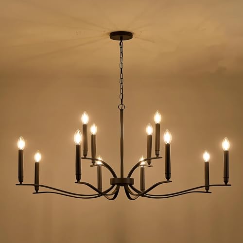 Black Living Room Chandelier 12 Light High Ceiling Foyer Candle Chandelier Large Dining Room Light Fixture Over Table 44in Metal Modern Chandeliers Hanging Light for Entry Master Bedroom (Black / 44 inch)