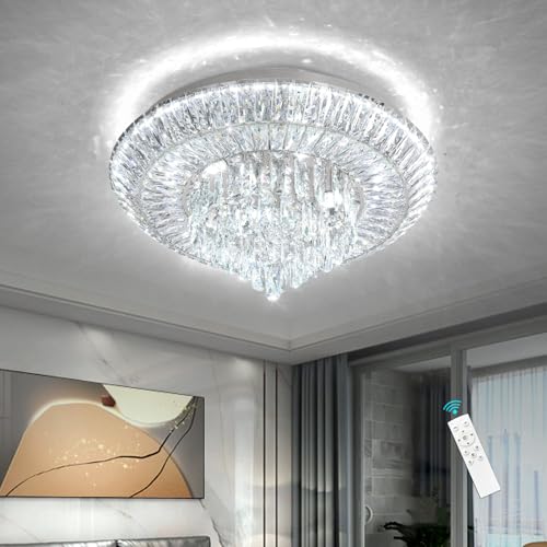 Modern LED Chandelier Crystal Ceiling Light Fixture Raindrop Chandeliers Dimmable Lighting for Living Room Dining Room Entryway Bedroom Silver (Silver / W24")