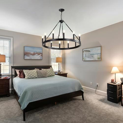 Black Wagon Wheel Chandelier (Black 12-Lights 32 Inch)