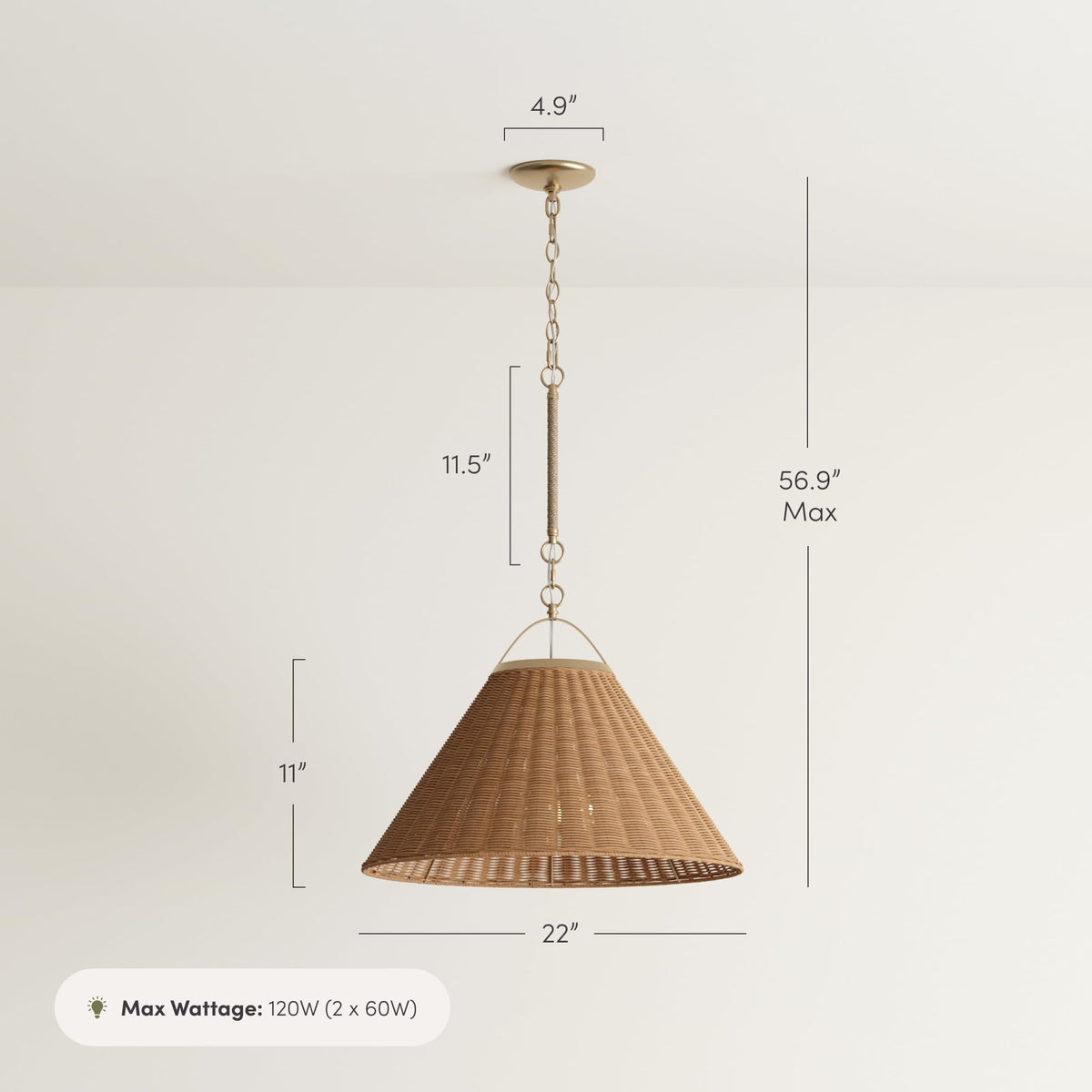 Cyprus Rattan Pendant Light with Coastal Wicker Cone Shade and Adjustable Brass Chain (Vintaged Brass/Rattan Light Brown / Set of 1)