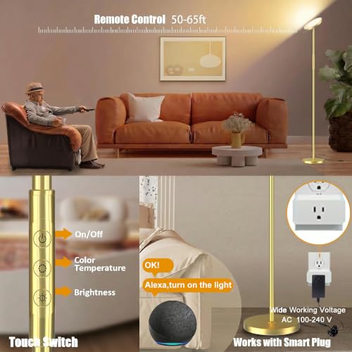 Floor Lamp Upgraded 40W 4000LM Super Bright Torchiere LED Floor Lamps for Living Room (40W Brushed Gold)
