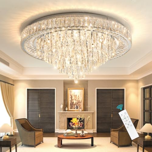 Modern Chandeliers for Living Room Crystal Ceiling Light Fixture LED Dimmable Lamp with Remote Pendant Lighting Flush Mount Ceiling Lighting for Dining Room Bedrooms (Silver / 31.5" Width)