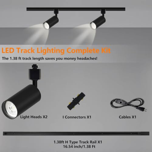 Plug in LED Track Lighting Kit H Type 3CCT 2PCS 10W Black (Black 3CCT / 2‑Light 1.4FT Track Kit)