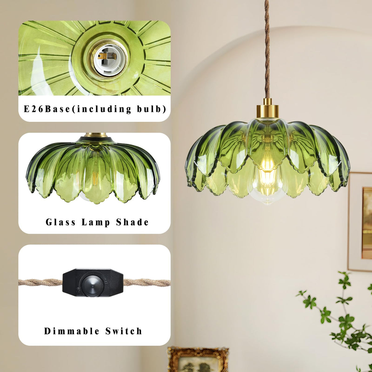 Plug in Pendant Light Hanging Lights with Plug in Cord Boho Hanging Lamp Glass Gold Mid Century Modern Vintage Dimmable Green Flower Plug in Chandelier Ceiling Fixture for Living Room (Pendant Light-12)
