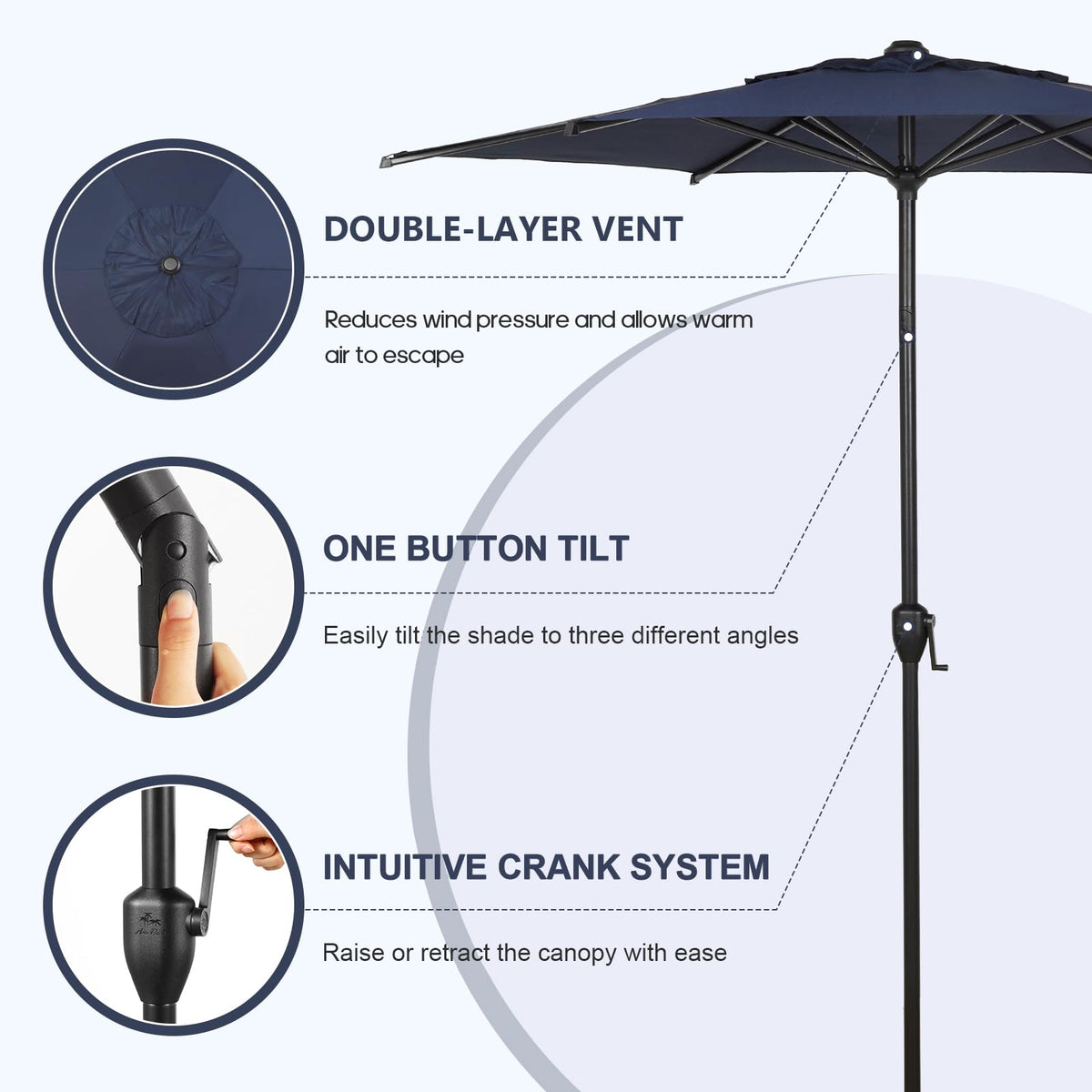 7.5FT Lyon Outdoor Patio Umbrella Outdoor Table Umbrella with Push Button Tilt and Crank Market Umbrella 6 Sturdy Ribs UV Protection Waterproof for Garden Deck Backyard Pool (7.5 FT(6 Ribs) / Navy Blue)