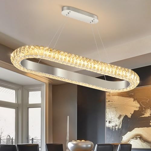 32'' Oval Ring Crystal Chandelier Modern LED Dimmable Ring Pendant Light Chandelier for Dining Room Living Room Silver (Silver / 1 Ring Oval 32")