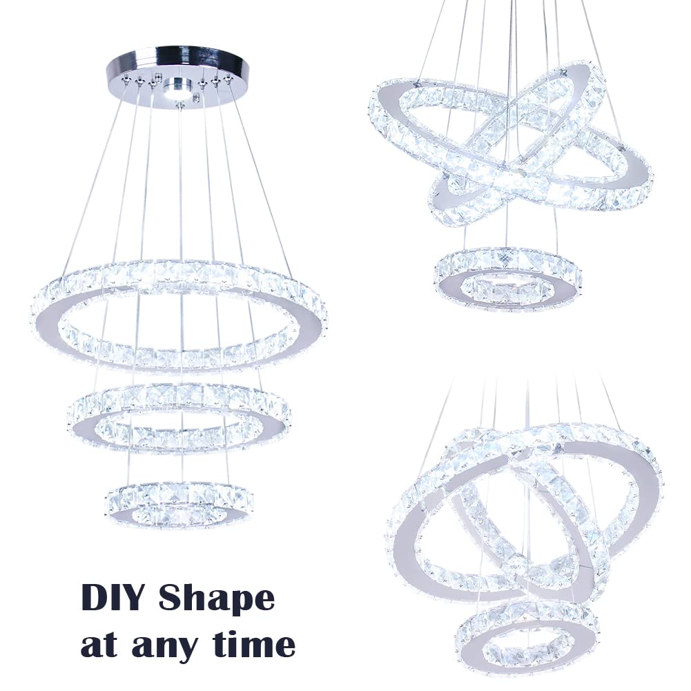 3 Ring LED Crystal Chandelier for Dining Room (3r Cool White Silver)