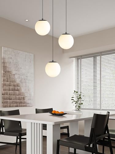 3 Light Globe Pendant Light Modern White Globe Glass Chandelier Black Hanging Fixture for Kitchen Island Foyer Hallway Dining Room (Black-White / Globe 3-Light)