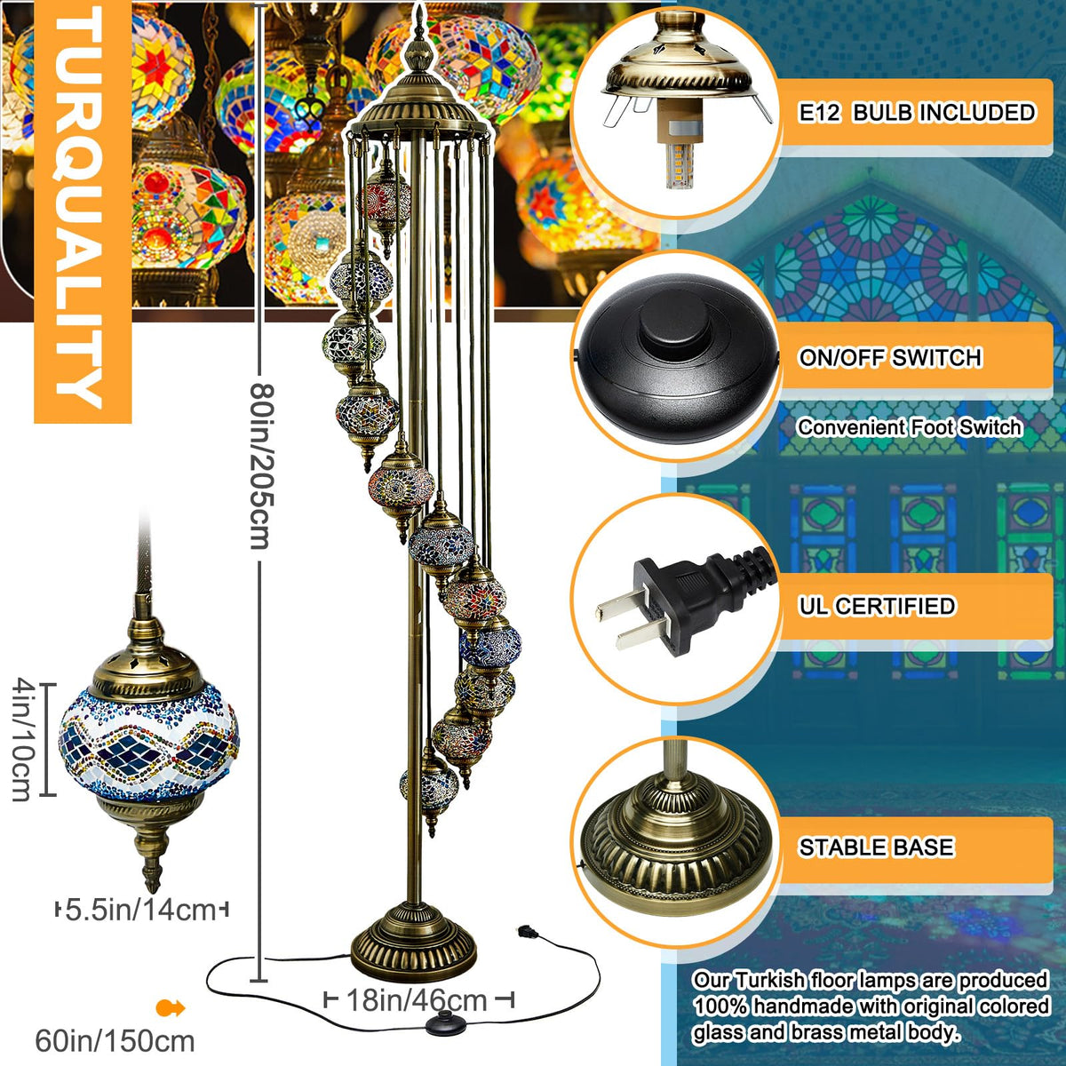 Turkish Mosaic Floor Lamp Moroccan Lamps (11 Globes Style)