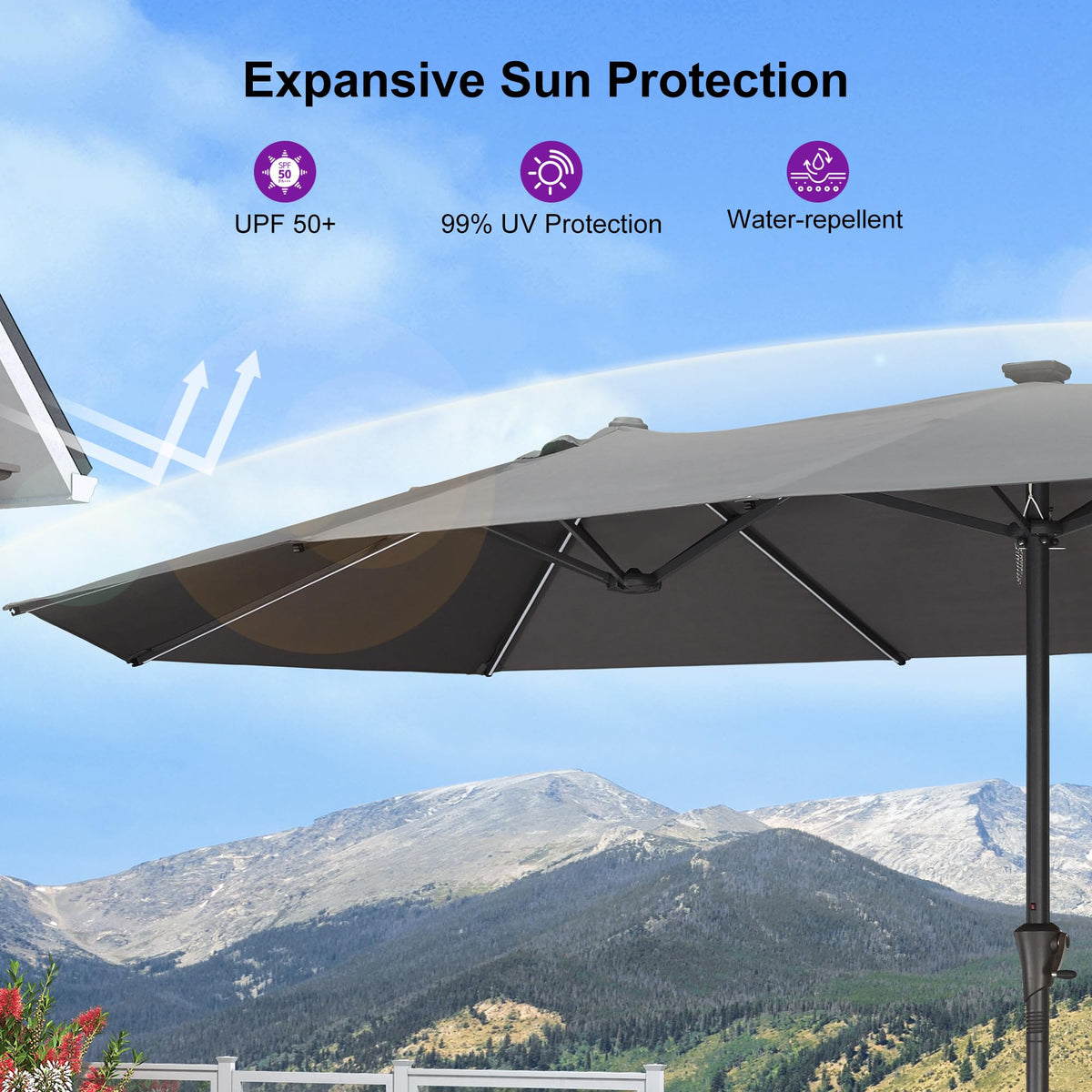 Patio Umbrella 14ft with Base and Solar Lights Outdoor (Grey)