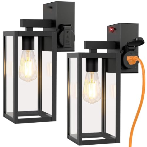 2 Pack Upgraded Motion Sensor Porch Lights with Outlet (Black / 13.1in)