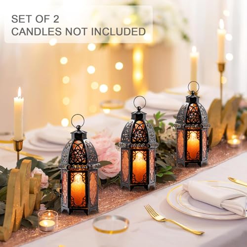 Set of 2 Vintage Large Decorative Moroccan Candle Lantern (Large / Amber - 12.8''h)