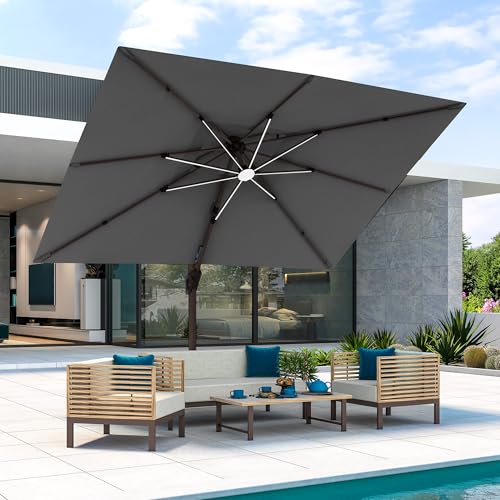 9x12 FT Cantilever Offset Patio Umbrella with Lights (Grey)