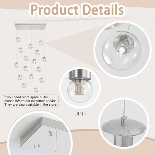 Glass Chandelier LED Modern Silver Pendant Light Globe Ceiling Light H157 Glass Ball Chandeliers for Staircase Living Room Hotel Hallway Foyer Entryway (Silver-Clear / Rectangle 16-Light)