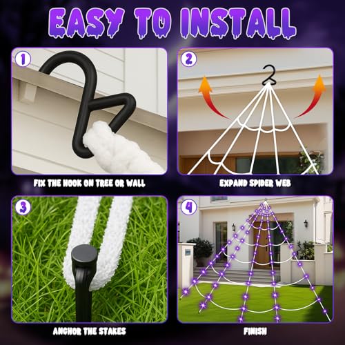 Halloween Decorations 16.4Ft Spider Web with LED Lights & 59" Giant Spider (Purple)