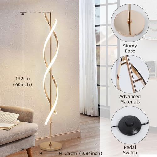 40W LED Floor Lamp Remote Control Dimmable Spiral Floor Lamp Indoor Tall Lamp Floor Lamps for Living Rooms Family Rooms Bedrooms Offices Lighting (Gold B)