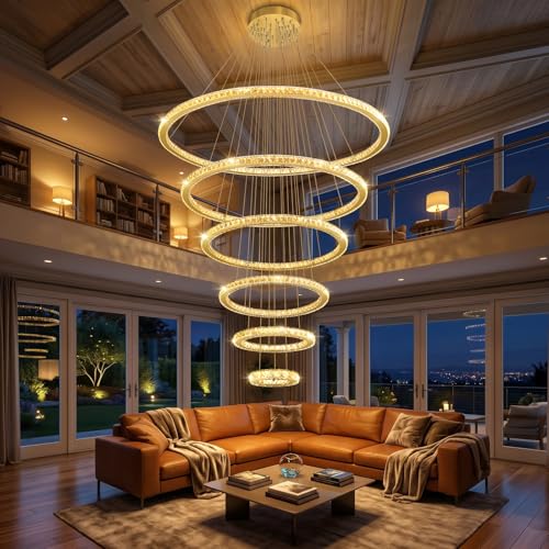 Modern Crystal Chandelier 6 Rings High Ceiling Chandeliers Dimmable LED Lighting Fixtures with Remote for Living Room Dining Room Foyer Gold (Gold / 6-Ring 47")