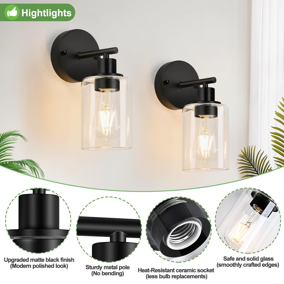 Set of 2 Wall Sconces for Bathroom (Matte Black / 1-light)