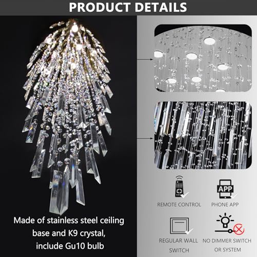 D24'' x H78'' Modern Crystal Chandelier High Ceiling Chandeliers for Entryway Glam Chandelier Large Raindrop Chandeliers LED Dimmable Light Fixtures for Staircaes Foyer Hallway Living Room (D24'' x H78'' Silver)