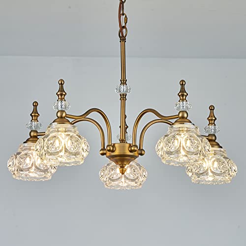 Vintage 5 Lights Gold Glass Pendant Lighting Rustic Style Chandelier Matte Brushed Antique Brass Finish with Crystal Glass Shade for Kitchen Island