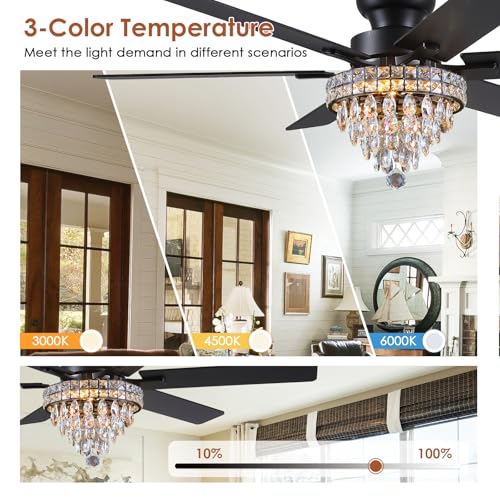 52" Low Profile Crystal Ceiling Fans with LED Lights and Remote (Black-52IN-5018)