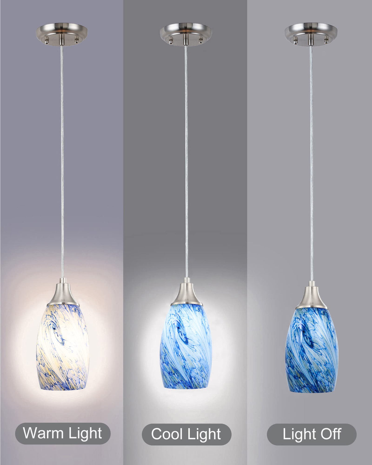 Mini Pendant Lights Kitchen Island White Blue Glass Lamp Shade Hand Blown Glass Pendant Light with Brush Nickel Finish Adjustable Cord for Kitchen Over Sink Hallway (Blue white mixed yellow whirlpool-1Pack)