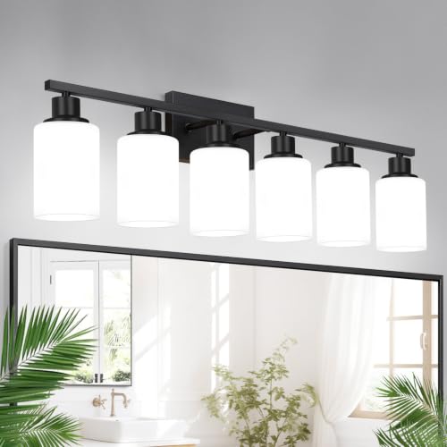 6 Light Bathroom Light Fixtures (Matte Black & Milky Glass / 6-light)