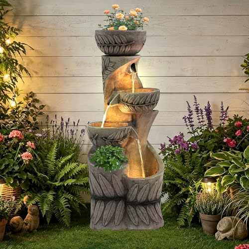 36" H Garden Water Fountains Outdoor (Taupe - Leaf)