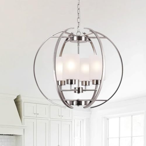 24" Globe Brushed Nickel Chandeliers for Dining Room Light Over Table (Nickel+Frosted Glass 24")