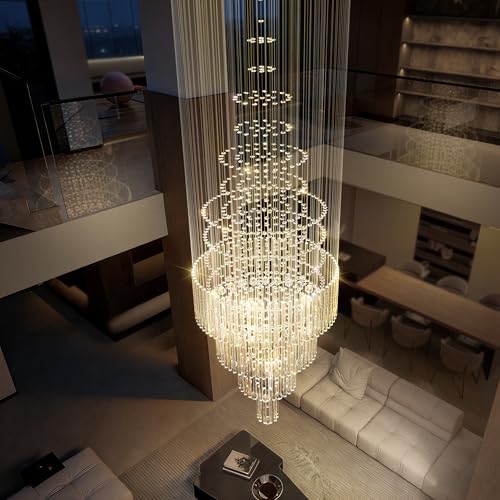 D32''X H100'' Large Crystal Chandelier for High Ceiling Suitable for Sloping Ceiling Modern LED Crystal Raindrop Chandeliers for Staircase Hallway Modern Round Crystal Chandelier (Silver / D32"X H100")