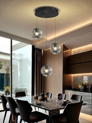 3 Light Black Pendant Light Fixtures Modern Smoke Gray Glass Globe Pendant Lights Kitchen Island Adjustable Hanging Lights Globe Stairwell Lighting Black Chandelier for Dining Room (Smoke Grey / Globe 3-Light)