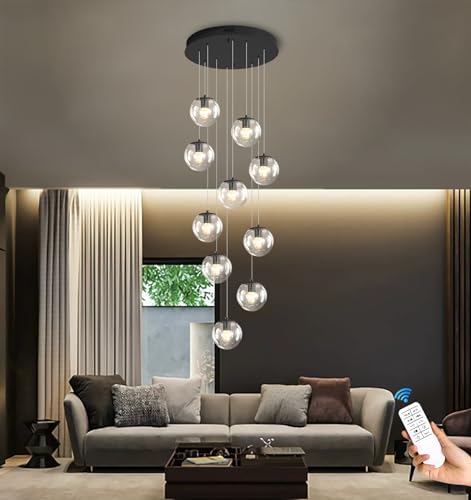 10 Light LED Staircase Modern Glass Globe Pendant Light Large Chandeliers for High Ceilings (Black-Clear / Globe 10-Light)
