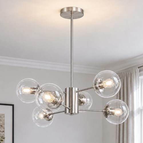 6-Light Mid-Century Modern Nickel Sputnik Chandeliers Dining Room (Clear, Nickel, M)
