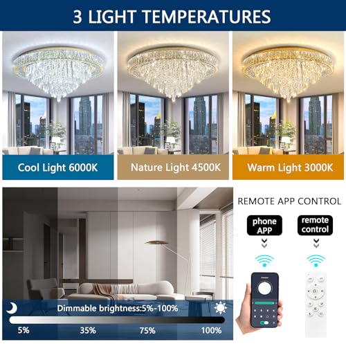 Modern Crystal Chandeliers for Living Room Ceiling Light Fixture LED Dimmable Lamp with Remote Pendant Lighting Flush Mount Ceiling Light for Dining Room Bedrooms Foyer (Gold / 31.5" Width)