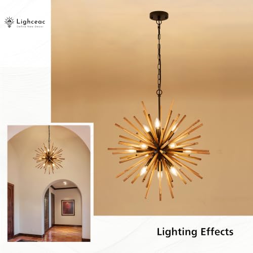 Farmhouse Sputnik Chandelier for Dining Room Rustic Handmade Natural Wood