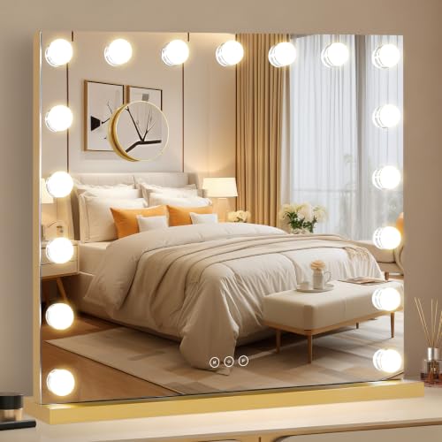 Vanity Mirror with Lights 23.6''x20.5'' Makeup Mirror with Lights Lighted Up Mirror with Dimmable Bulbs (Gold / 23.6"L x 20.5"W)