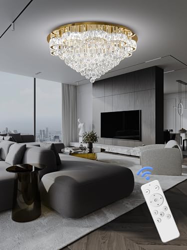 40in Modern LED Gold Chandelier for Living Room Round Crystal Ceiling Light Fixtures Flush Mount Chandeliers Ceiling Chandelier for Foyer Hallway Dining Room (Gold / 40inch)