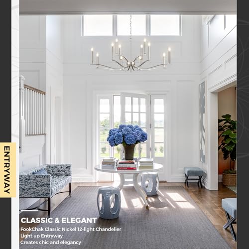 12 Light Nickel Living Room Chandelier High Ceiling Foyer Candle Chandelier Large Modern 44in Metal Chandeliers Hanging Light for Master Bedroom Dining Room Light Fixture Over Table (Nickel / 44 inch)